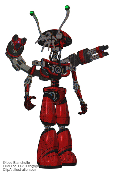 Android Containing Dual Retro Camera Head And Shrimp Head And Light Chest Exoshielding And Minigun Back Assembly And No Chest Plating And Light Leg Exoshielding. Red Blood Grunge Material. Hero Pose. #18788