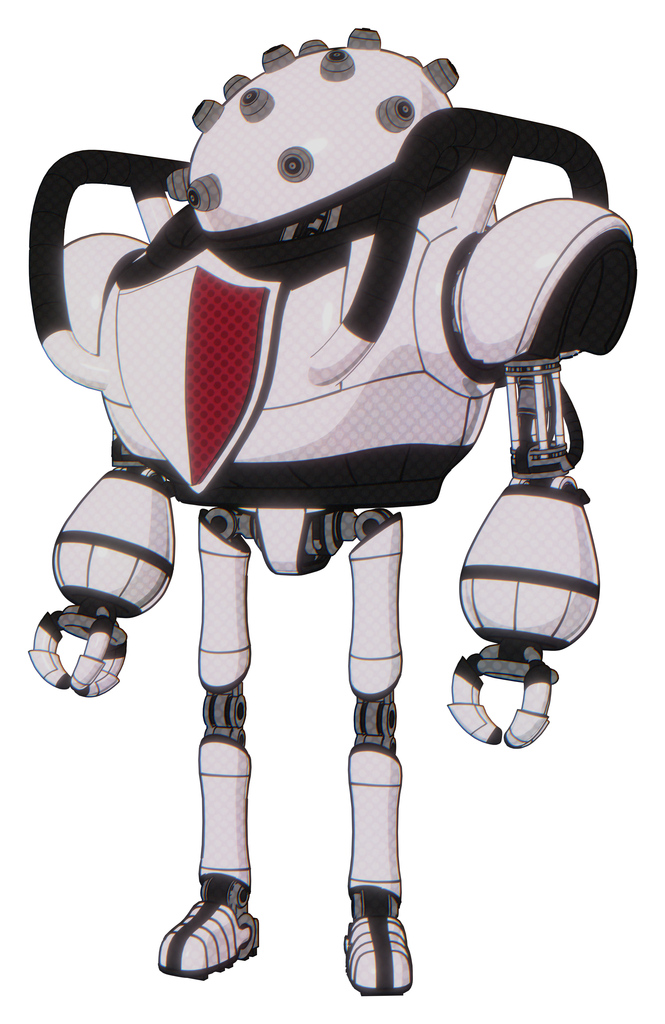 Android containing plughead dome design and heavy upper chest and red shield defense design and ultralight foot exosuit. White halftone toon. Standing looking right restful pose.
