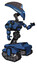 Bot containing flat elongated skull head and visor and light chest exoshielding and cable sash and rocket pack and tank tracks. Blue halftone. Interacting.
