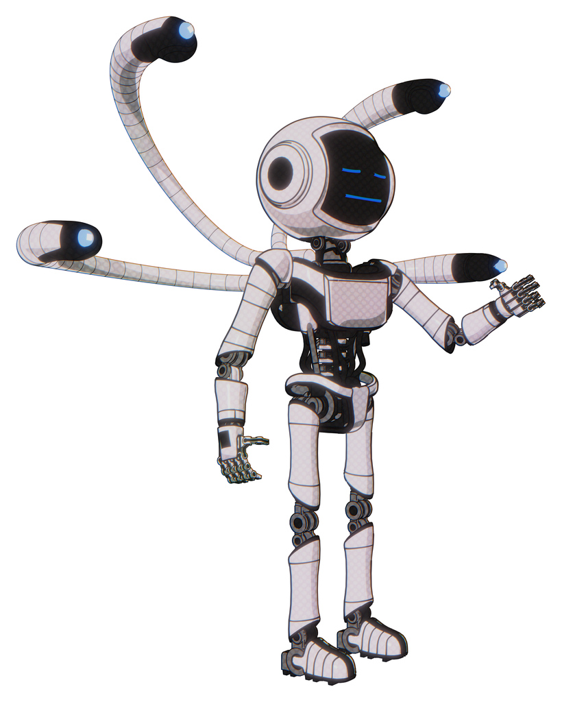 Droid containing digital display head and sleeping face and light chest exoshielding and ultralight chest exosuit and blue-eye cam cable tentacles and ultralight foot exosuit. White halftone toon.