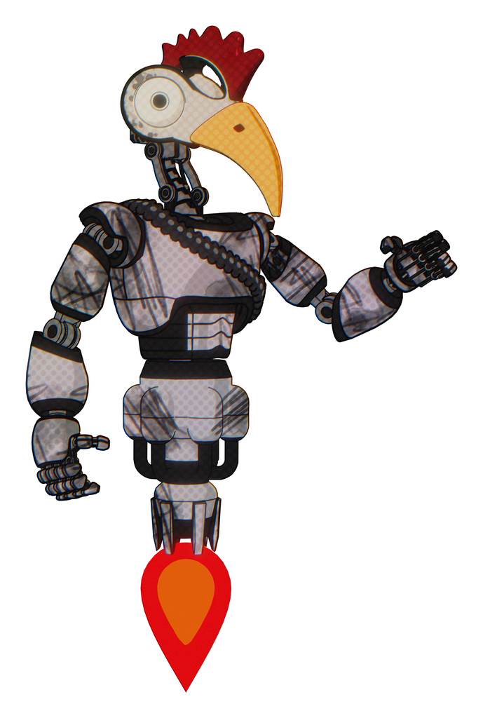 Bot containing bird skull head and bone skull eye holes and chicken design and light chest exoshielding and rubber chain sash and jet propulsion. Scribble sketch. Interacting.