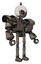 Droid containing grey alien style head and electric eyes and helmet and heavy upper chest and heavy mech chest and ultralight foot exosuit. Patent khaki metal. Facing left view.