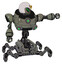 Robot containing grey alien style head and green demon eyes and triangle design and helmet and heavy upper chest and chest green energy cores and insect walker legs. Concrete grey metal.