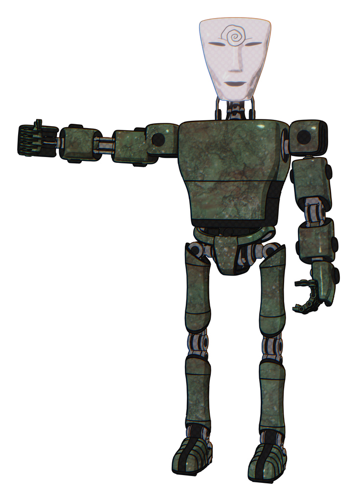 Automaton containing humanoid face mask and spiral design and light chest exoshielding and prototype exoplate chest and ultralight foot exosuit. Old corroded copper. Arm out holding invisible object..