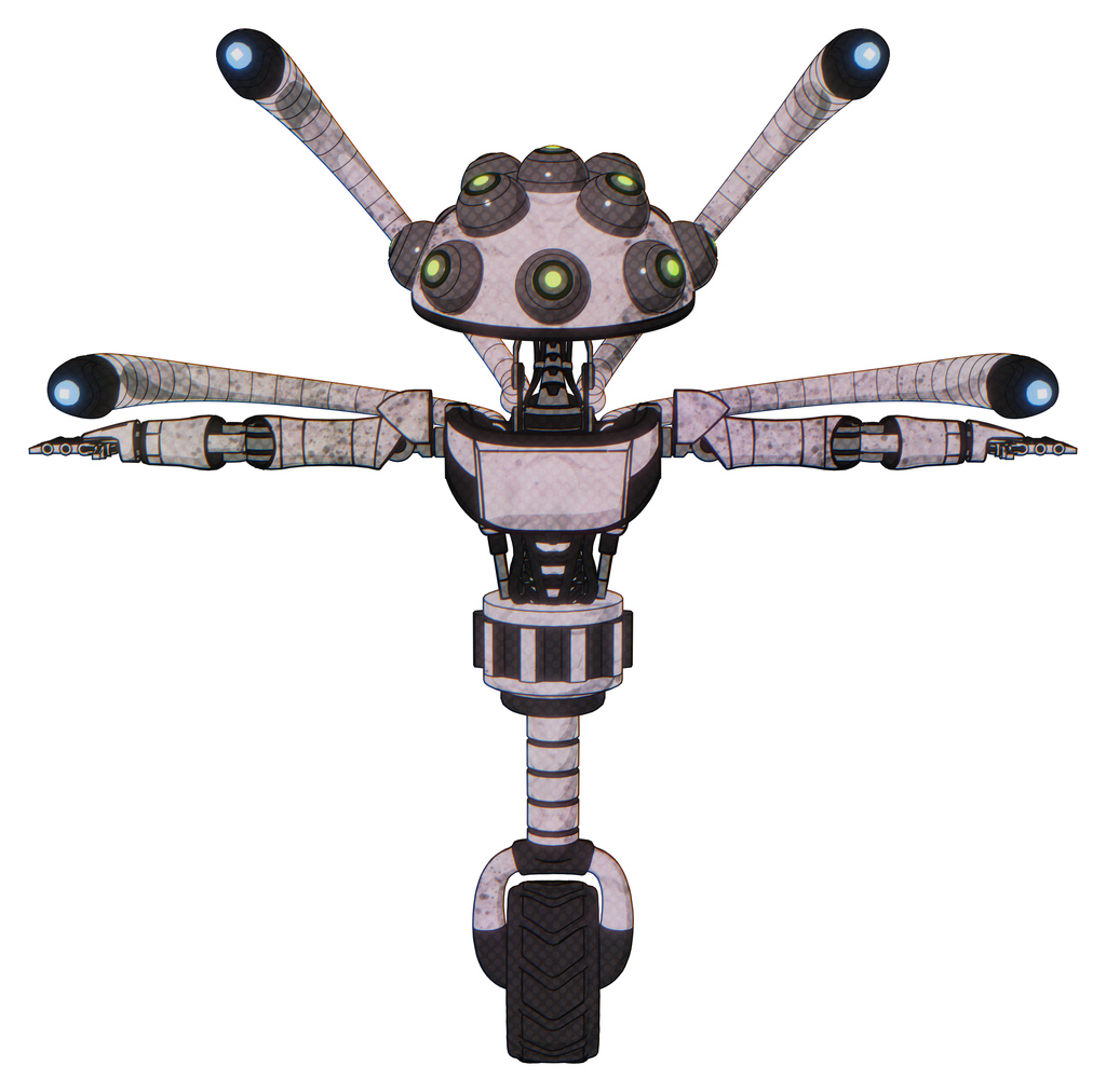 Mech containing many robo-eye domehead design and light chest exoshielding and ultralight chest exosuit and blue-eye cam cable tentacles and unicycle wheel. Sketch pad dirty smudge. T-pose.