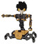 Mech containing bird skull head and brass steampunk eyes and crow feather design and heavy upper chest and no chest plating and insect walker legs. Construction yellow halftone.