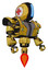 Robot containing round head and large vertical visor and first aid emblem and heavy upper chest and heavy mech chest and green cable sockets array and jet propulsion. Construction yellow halftone.