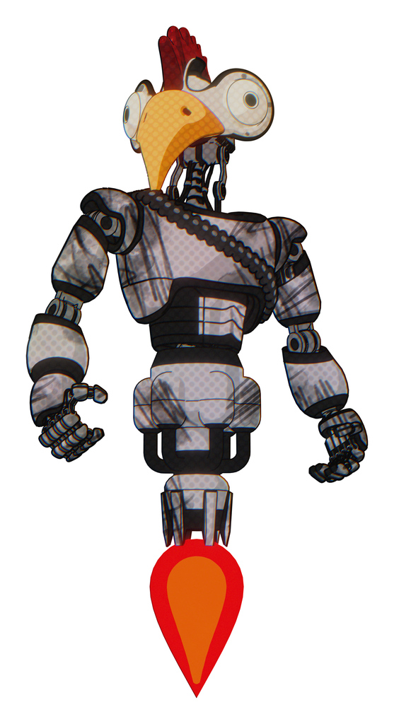 Bot containing bird skull head and bone skull eye holes and chicken design and light chest exoshielding and rubber chain sash and jet propulsion. Scribble sketch. Hero pose.