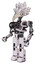 Cyborg containing bird skull head and white eyeballs and bird feather design and heavy upper chest and no chest plating and prototype exoplate legs. White halftone toon. Facing right view.