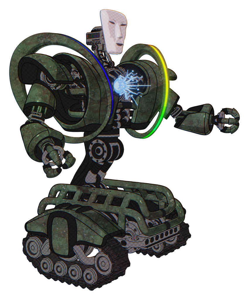 Droid containing humanoid face mask and heavy upper chest and heavy mech chest and spectrum fusion core chest and tank tracks. Old corroded copper. Interacting.