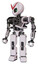 Cyborg containing grey alien style head and green inset eyes and heavy upper chest and no chest plating and prototype exoplate legs. White halftone toon. Standing looking right restful pose.