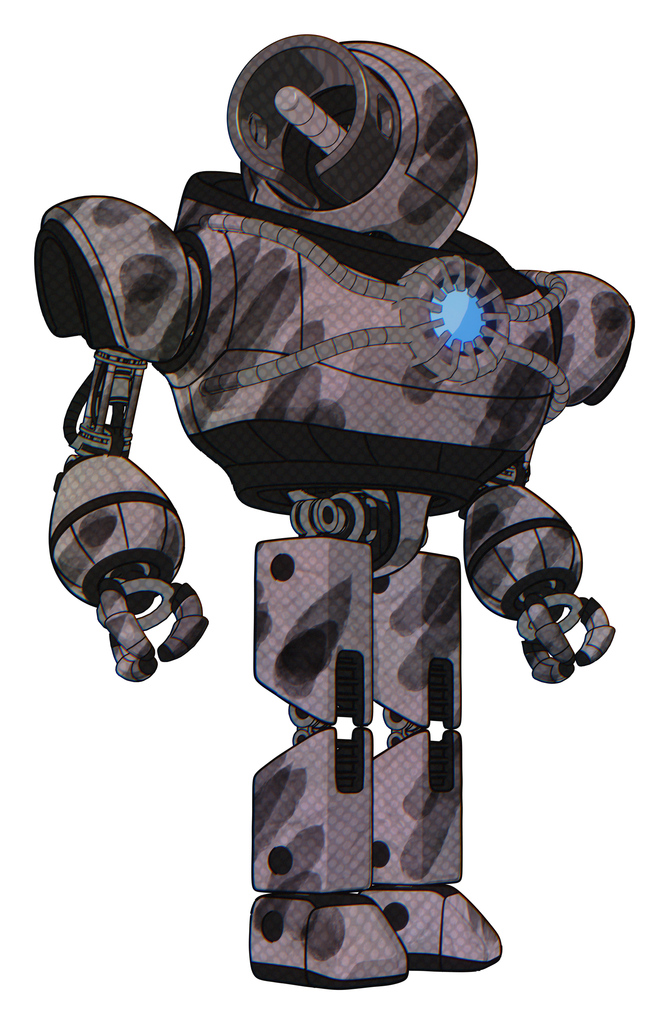 Droid containing cable connector head and heavy upper chest and chest blue energy core and prototype exoplate legs. Sketch pad wet ink smudge. Hero pose.