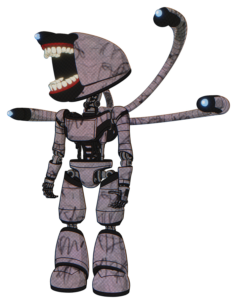 Bot containing chomper head design and light chest exoshielding and ultralight chest exosuit and blue-eye cam cable tentacles and light leg exoshielding. Dark sketch random doodle.