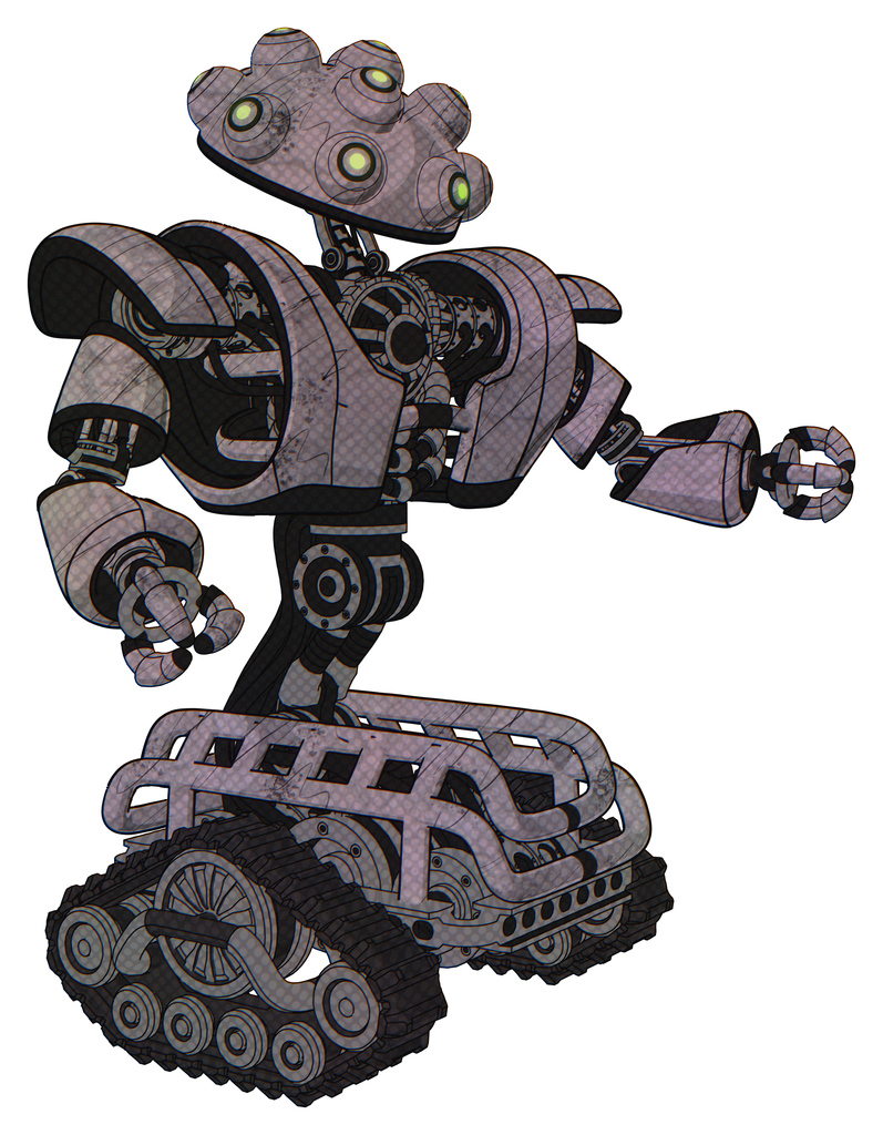 Robot containing techno multi-eyed domehead design and heavy upper chest and heavy mech chest and tank tracks. Sketch fast lines. Interacting.