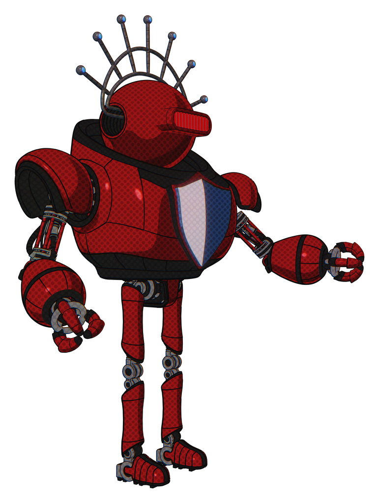 Robot containing oval wide head and red horizontal visor and techno halo ornament and heavy upper chest and blue shield defense design and ultralight foot exosuit. Dark red. Interacting.