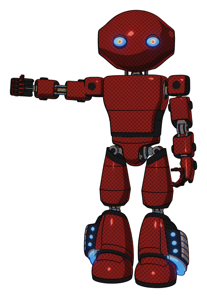 Mech containing oval wide head and blue eyes and light chest exoshielding and prototype exoplate chest and light leg exoshielding and megneto-hovers foot mod. Matted red.