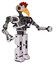 Robot containing bird skull head and red led circle eyes and chicken design and heavy upper chest and no chest plating and prototype exoplate legs. White halftone toon. Interacting.