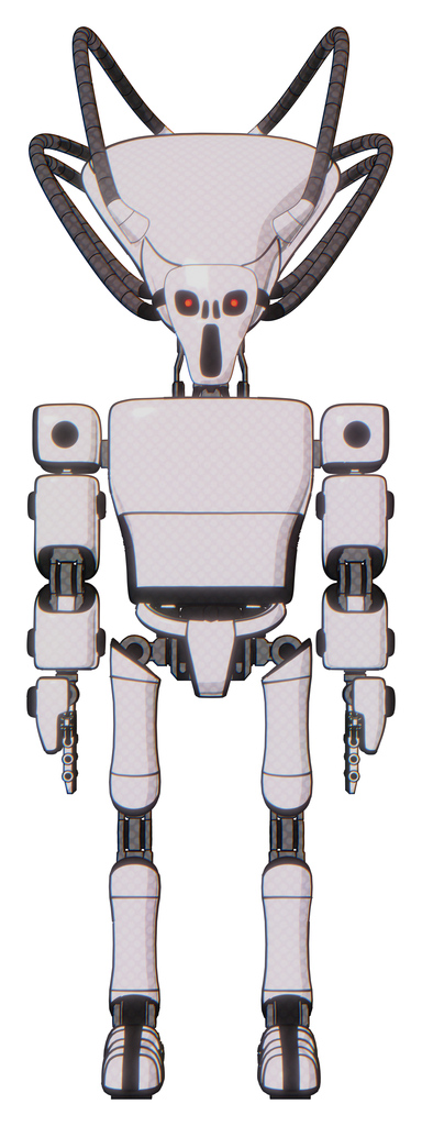 Droid containing flat elongated skull head and cables and light chest exoshielding and prototype exoplate chest and ultralight foot exosuit. White halftone toon. Front view.