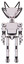 Droid containing flat elongated skull head and cables and light chest exoshielding and prototype exoplate chest and ultralight foot exosuit. White halftone toon. Front view.