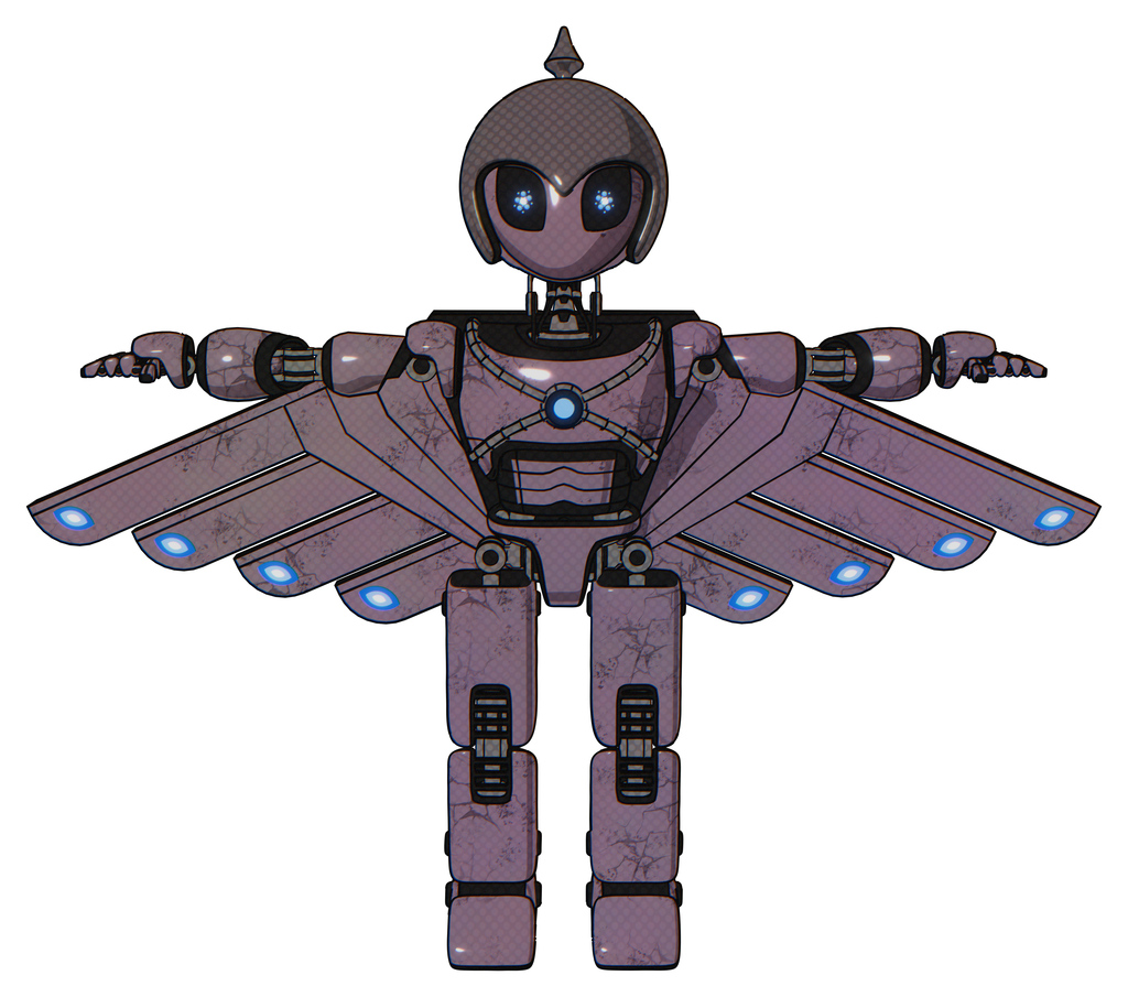 Cyborg containing grey alien style head and electric eyes and gray helmet and light chest exoshielding and blue energy core and cherub wings design and prototype exoplate legs. Lilac metal. T-pose.