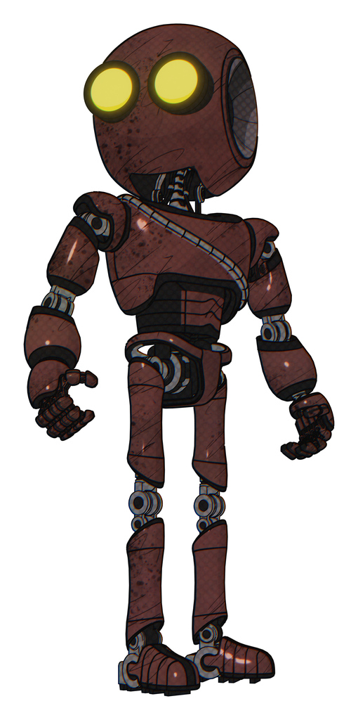 Cyborg containing round head and large yellow eyes and light chest exoshielding and cable sash and ultralight foot exosuit. Steampunk copper. Hero pose.
