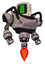 Droid containing old computer monitor and three lines pixel design and red buttons and heavy upper chest and jet propulsion. Gray metal. Hero pose.