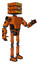 Automaton containing dual retro camera head and cube array head and light chest exoshielding and prototype exoplate chest and ultralight foot exosuit. Secondary orange halftone. Interacting.