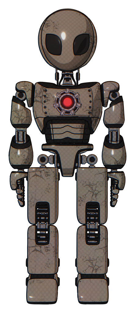 Robot containing grey alien style head and black eyes and light chest exoshielding and red energy core and prototype exoplate legs. Patent khaki metal. Front view.