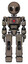 Robot containing grey alien style head and black eyes and light chest exoshielding and red energy core and prototype exoplate legs. Patent khaki metal. Front view.
