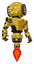 Bot containing round head and yellow eyes array and light chest exoshielding and prototype exoplate chest and jet propulsion. Construction yellow halftone. Hero pose.