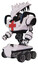 Robot containing flat elongated skull head and spikes, and heavy upper chest and first aid chest symbol and blue strip lights and six-wheeler base. White halftone toon. Facing right view.