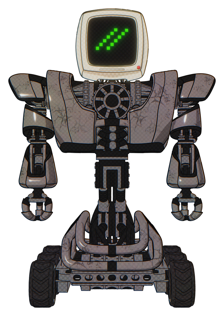Mech containing old computer monitor and double backslash pixel design and heavy upper chest and heavy mech chest and six-wheeler base. Light pink beige. Front view.