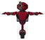 Automaton containing oval wide head and green led ornament and light chest exoshielding and prototype exoplate chest and rocket pack and unicycle wheel. Fire engine red halftone. T-pose.