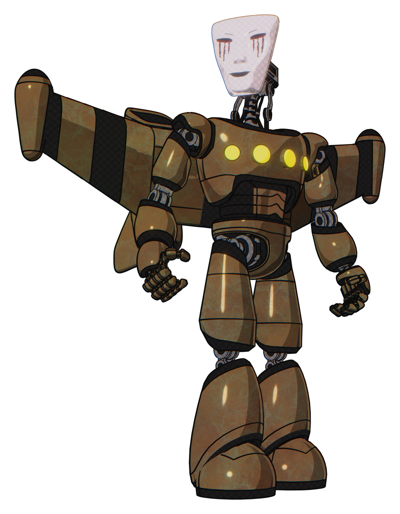Automaton containing humanoid face mask and blood tears and light chest exoshielding and yellow chest lights and stellar jet wing rocket pack and light leg exoshielding. Old copper. Hero pose.