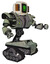 Bot containing old computer monitor and pixel exclamation point alert face and old retro speakers and heavy upper chest and heavy mech chest and green cable sockets array and tank tracks. Green metal.