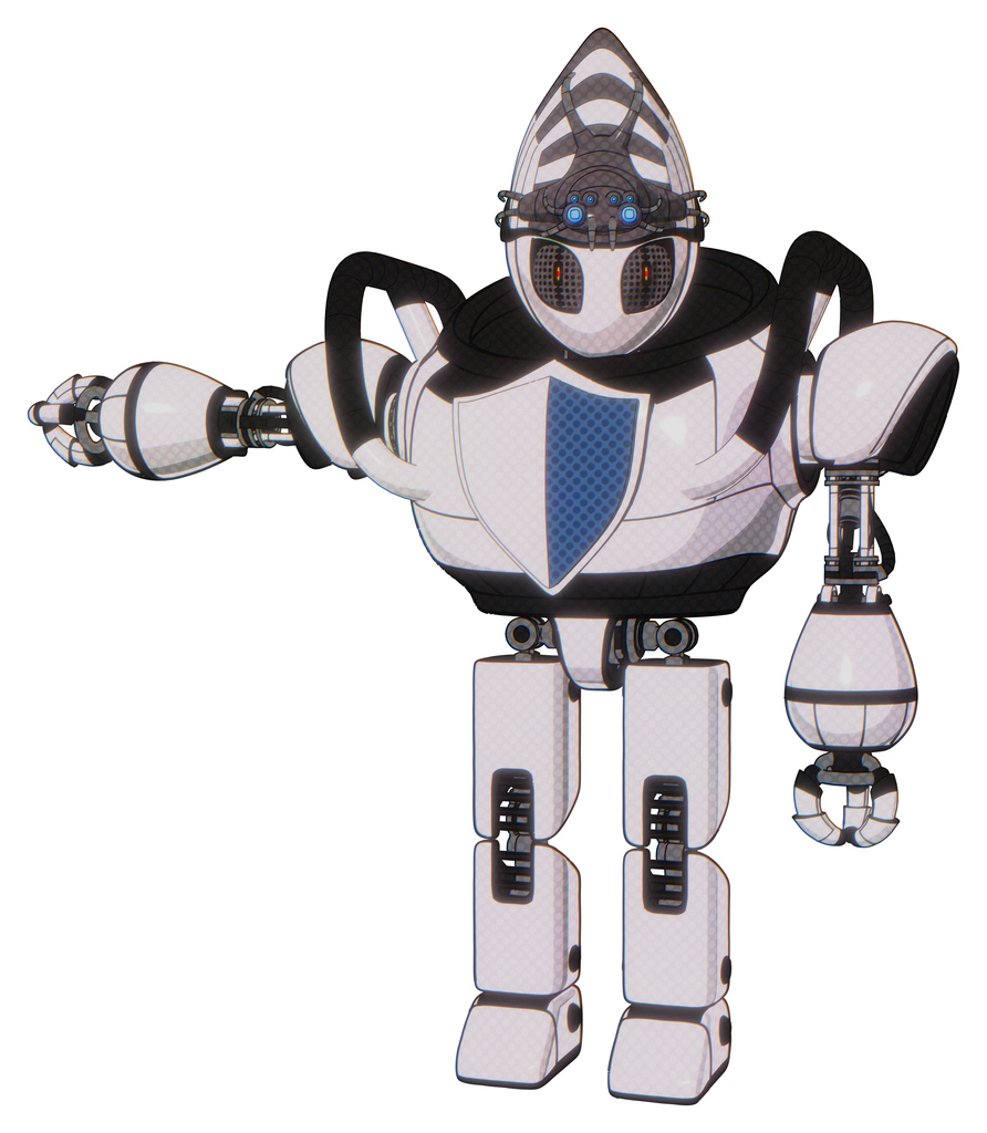Robot containing grey alien style head and metal grate eyes and alien bug creature hat and heavy upper chest and blue shield defense design and prototype exoplate legs. White halftone toon.