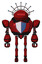 Robot containing oval wide head and red horizontal visor and techno halo ornament and heavy upper chest and blue shield defense design and ultralight foot exosuit. Dark red. Front view.
