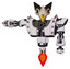 Droid containing bird skull head and yellow led protruding eyes and robobeak design and heavy upper chest and heavy mech chest and shoulder spikes and jet propulsion. White halftone toon.