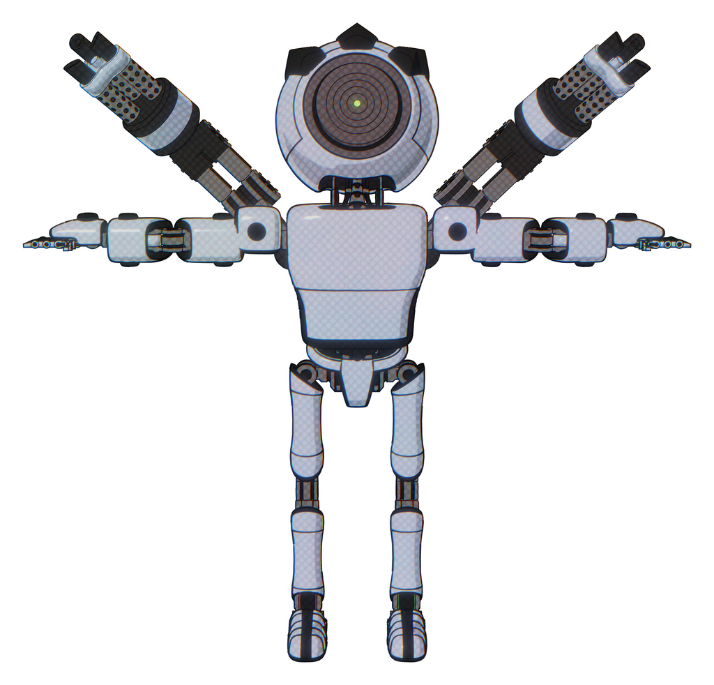 Android containing green dot eye corn row plastic hair and light chest exoshielding and prototype exoplate chest and minigun back assembly and ultralight foot exosuit. Blue tint toon. T-pose.