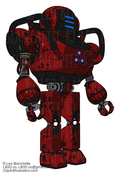 Android Containing Digital Display Head And Three Horizontal Line Design And Heavy Upper Chest And Triangle Of Blue Leds And Prototype Exoplate Legs. Grunge Dots Dark Red. Facing Left View. #18922