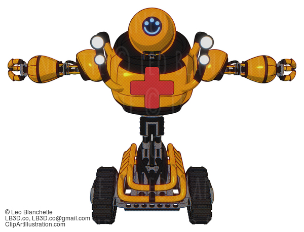 Android Containing Dual Retro Camera Head And Happy 3 Eyes Round Head And Heavy Upper Chest And First Aid Chest Symbol And Shoulder Headlights And Tank Tracks. Primary Yellow Halftone. T-Pose. #18927