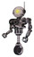 Droid containing oval wide head and sunshine patch eye and retro antenna with light and heavy upper chest and no chest plating and unicycle wheel. Grunge sketch dots. Facing right view.