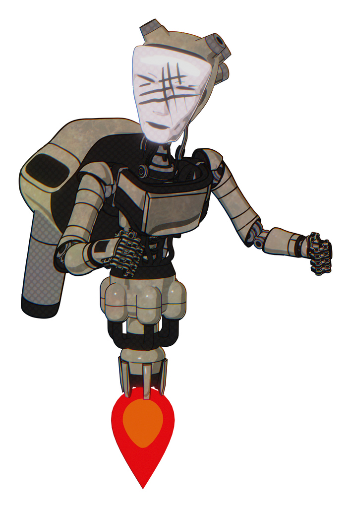 Mech containing humanoid face mask and slashes war paint and light chest exoshielding and ultralight chest exosuit and rocket pack and jet propulsion. Grungy fiberglass. Fight or defense pose..