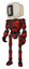 Automaton containing old computer monitor and please stand by pixel design and light chest exoshielding and chest valve crank and ultralight foot exosuit. Grunge dots cherry tomato red.