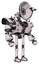 Bot containing dual retro camera head and satellite dish head and heavy upper chest and heavy mech chest and shoulder spikes and ultralight foot exosuit. White halftone toon. Facing left view.