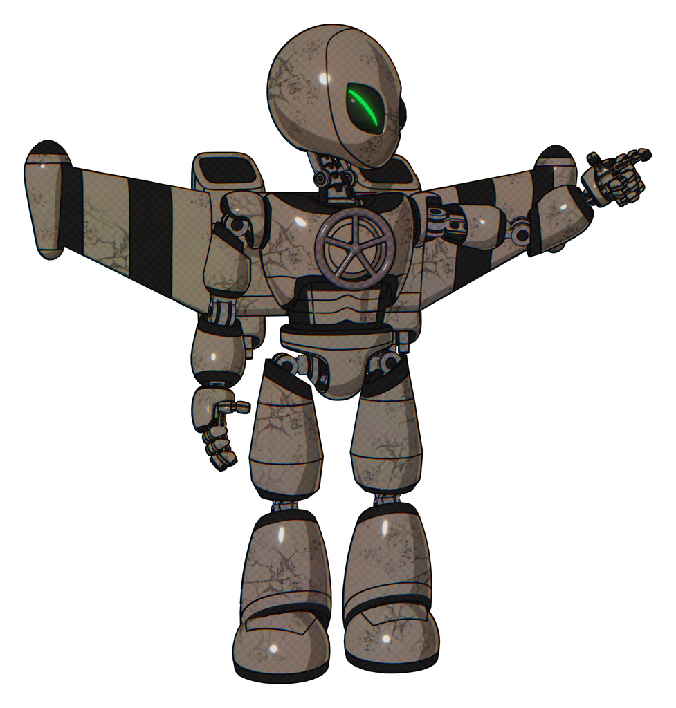 Robot containing grey alien style head and green demon eyes and light chest exoshielding and chest valve crank and stellar jet wing rocket pack and light leg exoshielding. Patent khaki metal.