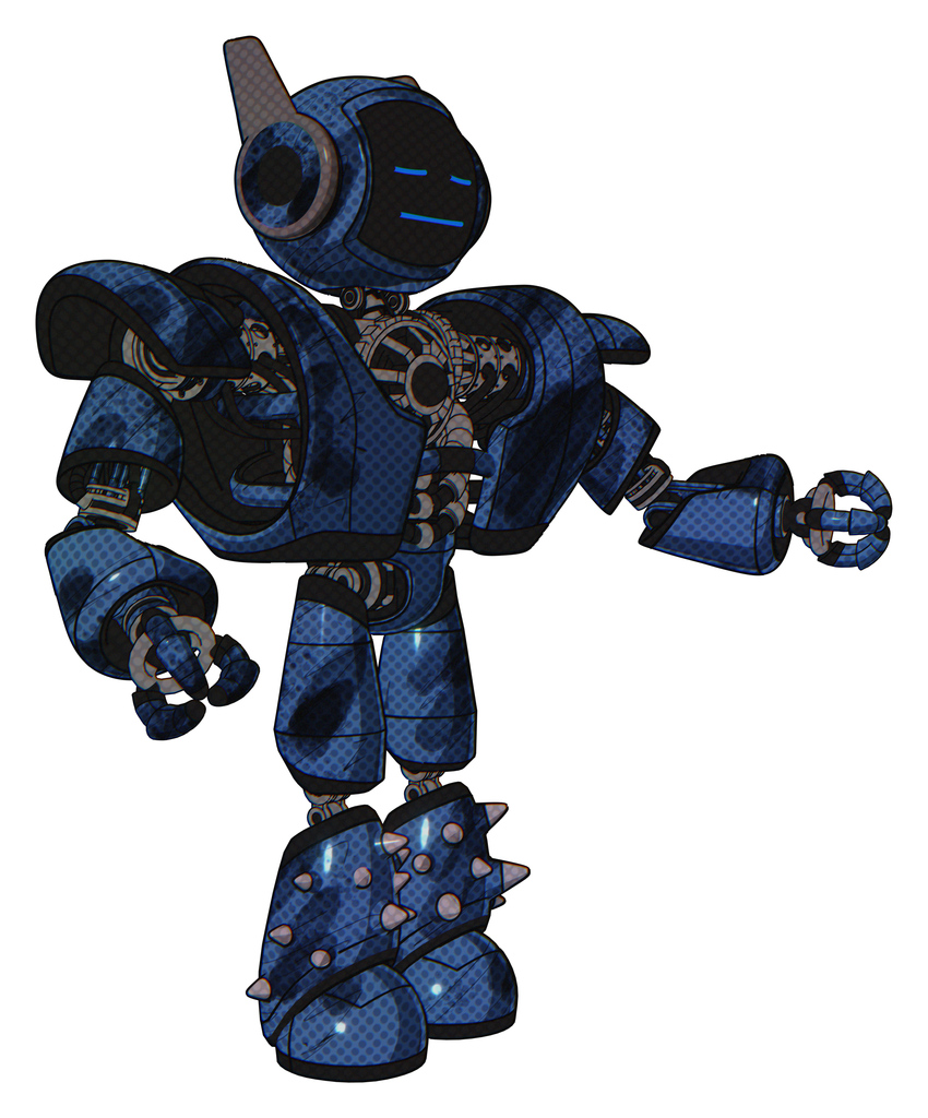 Mech containing digital display head and sleeping face and winglets and heavy upper chest and heavy mech chest and light leg exoshielding and spike foot mod. Grunge dark blue. Interacting.