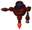 Robot containing digital display head and large eye and heavy upper chest and chest compound eyes and jet propulsion. Grunge dots dark red. Arm out holding invisible object..