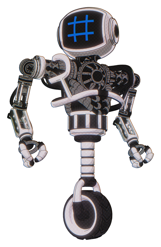 Bot containing digital display head and hashtag face and heavy upper chest and no chest plating and unicycle wheel. White halftone toon. Hero pose.