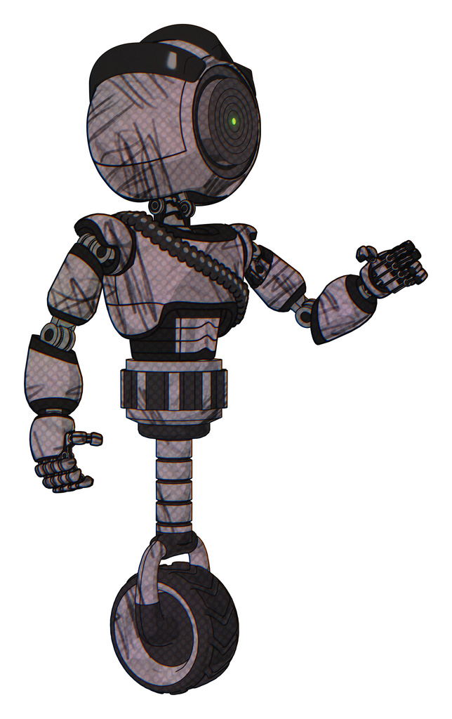 Mech containing green dot eye corn row plastic hair and light chest exoshielding and rubber chain sash and unicycle wheel. Dark sketchy. Interacting.